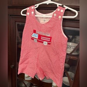 Red Gingham Fire Truck Romper Jon Jon